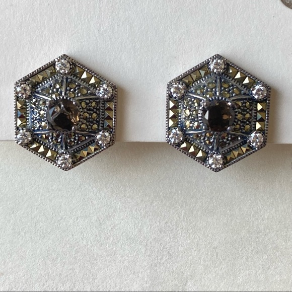 Judith Jack Jewelry - Vintage Judith Jack Gold Sterling Silver Marcasite Hexagon Clip On Earrings